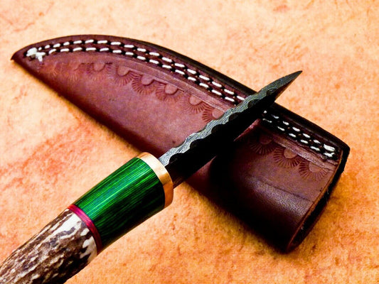 Heritage Forge 8" Damascus Steel Hunting Knife with Stag Antler and Hardwood Handle