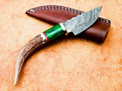 Heritage Forge 8" Damascus Steel Hunting Knife with Stag Antler and Hardwood Handle