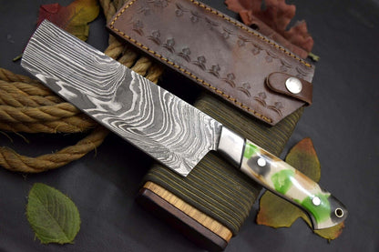 11.1” Handmade Damascus Steel Nakiri Chef Knife – Resin Handle, Ladder Pattern