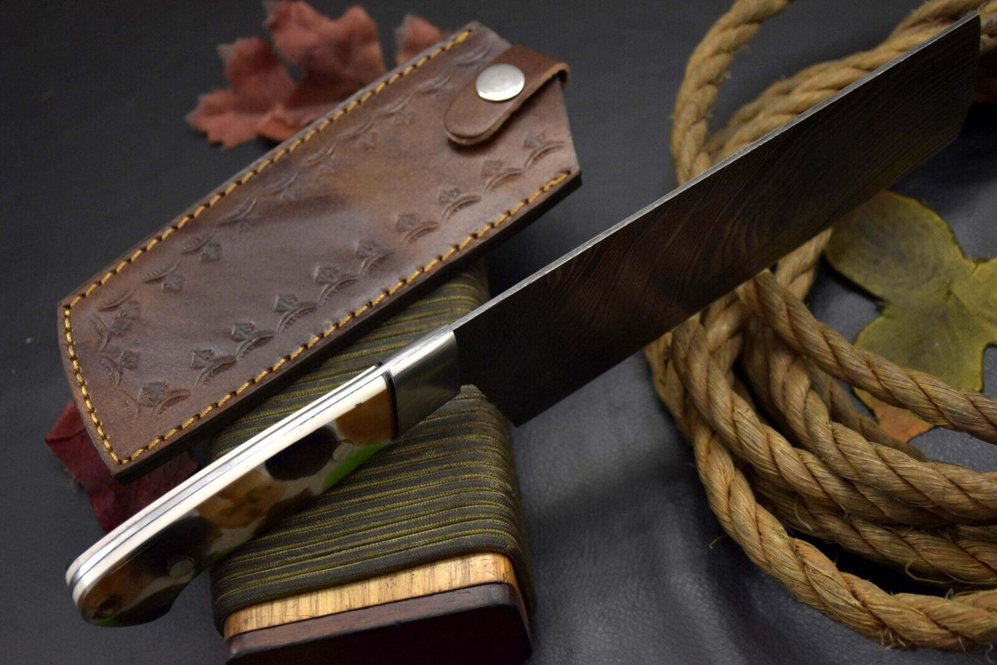 11.1” Handmade Damascus Steel Nakiri Chef Knife – Resin Handle, Ladder Pattern