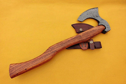 Hand Forged Damascus Rose Wood Tomahawk Axe Hatchet with Leather Sheath