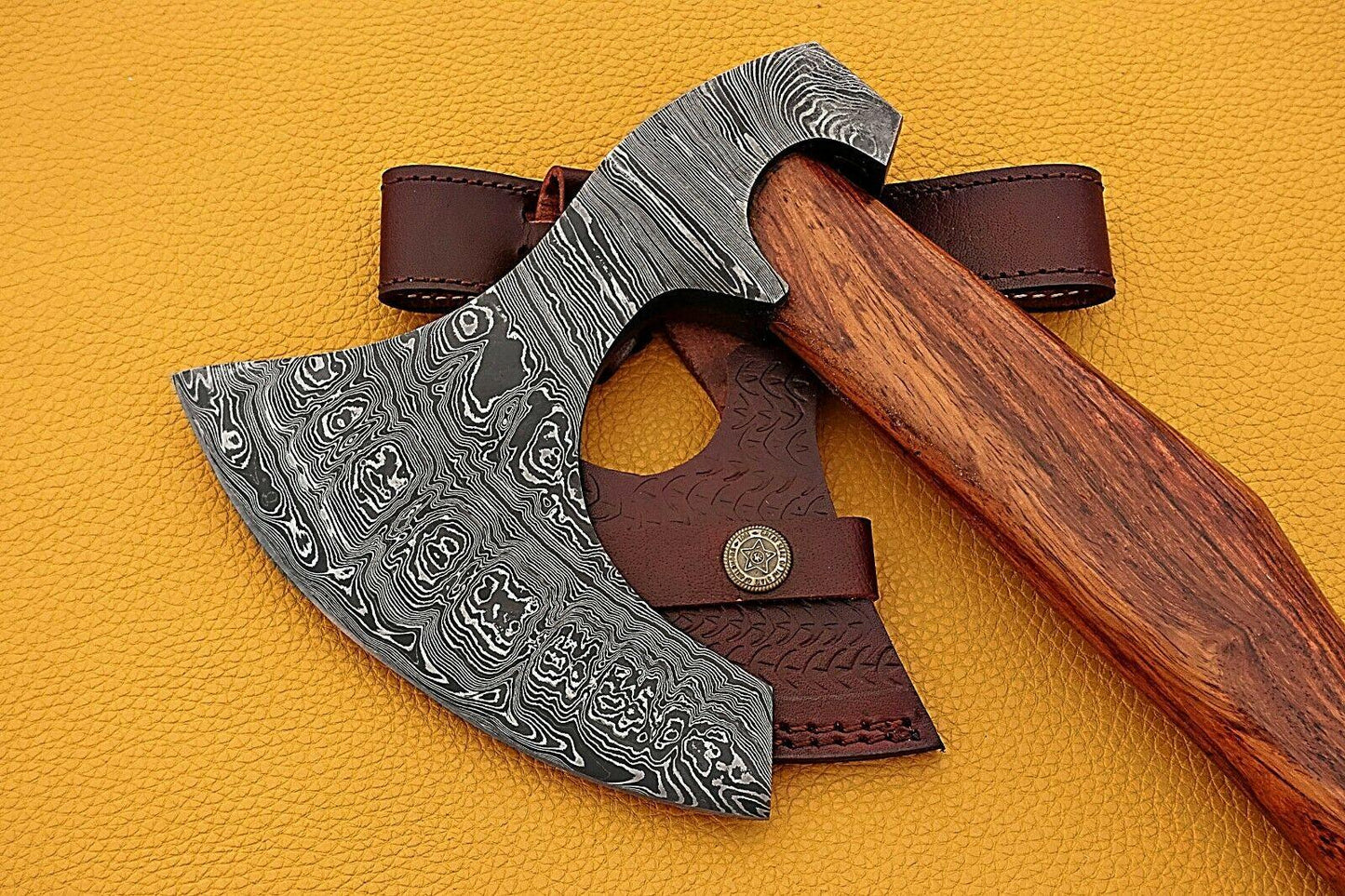 Hand Forged Damascus Rose Wood Tomahawk Axe Hatchet with Leather Sheath