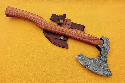 Hand Forged Damascus Steel Tomahawk Axe with Rosewood Handle and Leather Sheath