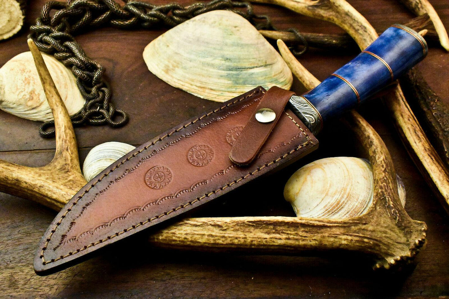 Damascus Bowie Knife – 12.5" Camel Bone Handle