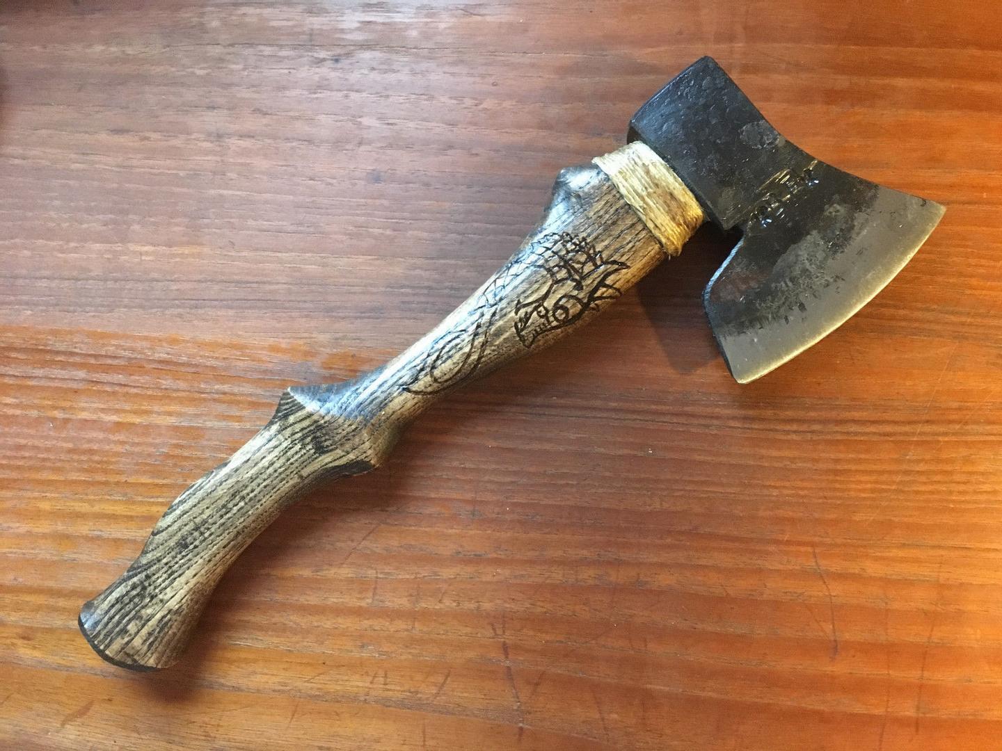 Custom Hand-Forged Viking Battle Axe | Hatchet with Hand-Carved Hickory Handle