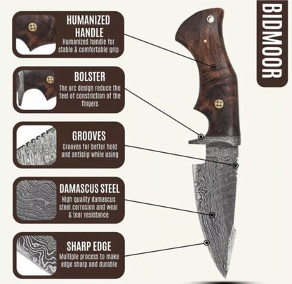10" Handmade Damascus Bowie Knife – Walnut Wood Handle & Leather Sheath