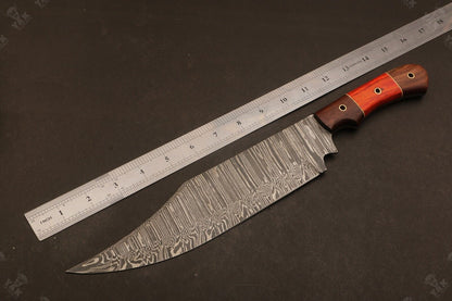 Heritage Forge 15 Inch Damascus Steel Bowie Knife with Wood Handle for Hunting and Camping