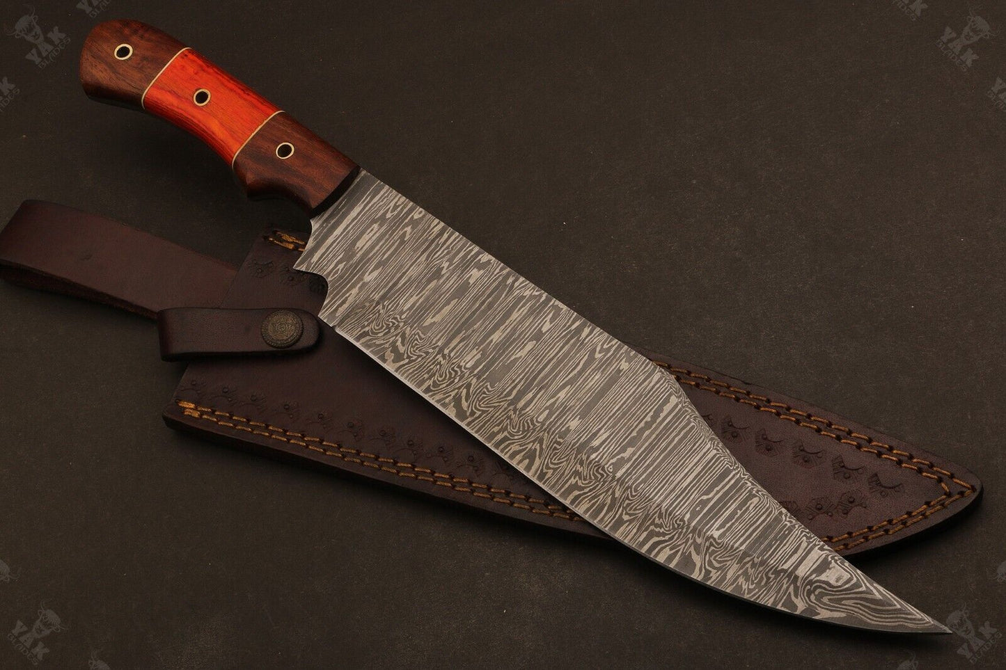 Heritage Forge 15 Inch Damascus Steel Bowie Knife with Wood Handle for Hunting and Camping