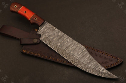 Heritage Forge 15 Inch Damascus Steel Bowie Knife with Wood Handle for Hunting and Camping