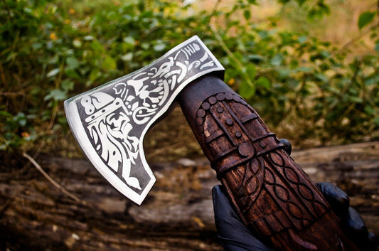 Handmade Viking Axe Carbon Steel Bearded Camping Axe Battle Axe with Sheath