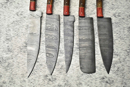 Lot of 5 Handmade Hammered Damascus Steel Chef Knives – Full Tang with Hard Wood Handles