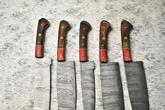 Lot of 5 Handmade Hammered Damascus Steel Chef Knives – Full Tang with Hard Wood Handles