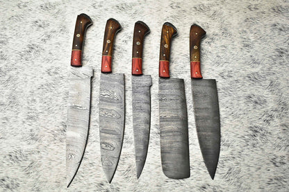 Lot of 5 Handmade Damascus Hammered Full Tang Chef Knife Set with Hard Wood Handles