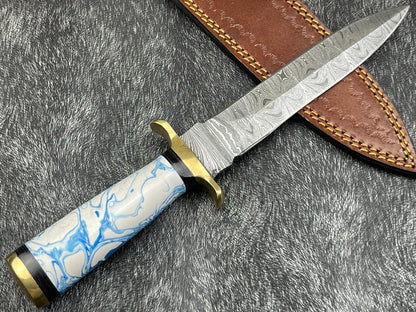 Heritage Forge 11 Inch Handmade Damascus Skinning Knife | Resin and Hardwood Handle Hunting Dagger with Sheath