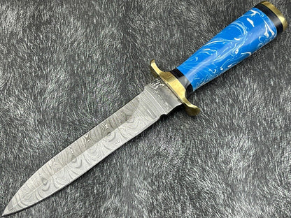 Heritage Forge 11 Inch Handmade Damascus Skinning Knife | Resin and Hardwood Handle Hunting Dagger with Sheath