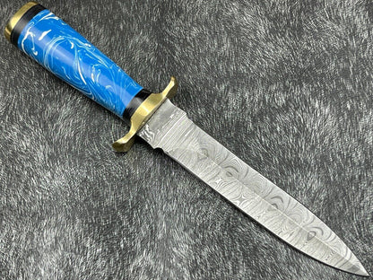 Heritage Forge 11 Inch Handmade Damascus Skinning Knife | Resin and Hardwood Handle Hunting Dagger with Sheath