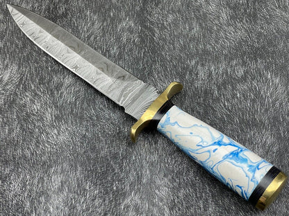 Heritage Forge 11 Inch Handmade Damascus Skinning Knife | Resin and Hardwood Handle Hunting Dagger with Sheath