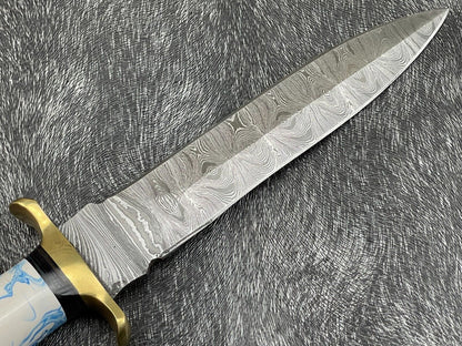 Heritage Forge 11 Inch Handmade Damascus Skinning Knife | Resin and Hardwood Handle Hunting Dagger with Sheath