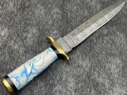 Heritage Forge 11 Inch Handmade Damascus Skinning Knife | Resin and Hardwood Handle Hunting Dagger with Sheath