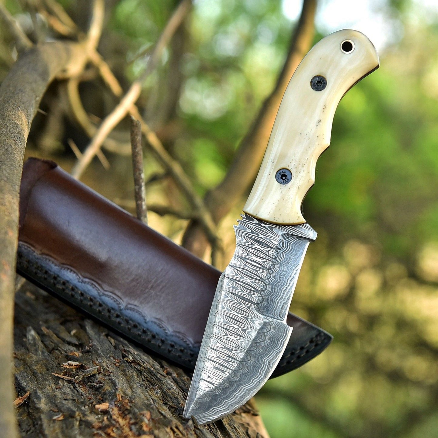 8" Custom Handmade Damascus Steel Hunting Tracker Knife | Bone Handle & Leather Sheath