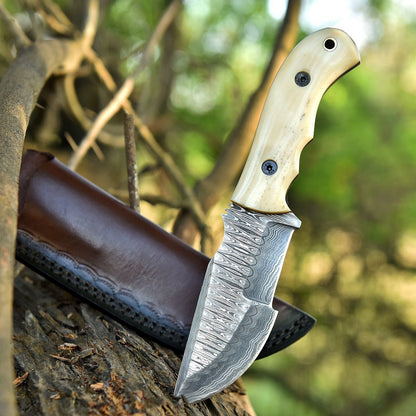 8" Custom Handmade Damascus Steel Hunting Tracker Knife | Bone Handle & Leather Sheath