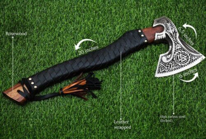 Custom Handmade Carbon Steel Viking Bearded Axe with Ash Wood Handle and Sheath