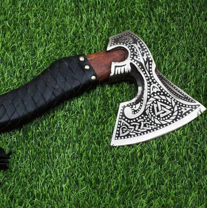 Custom Handmade Carbon Steel Viking Bearded Axe with Ash Wood Handle and Sheath