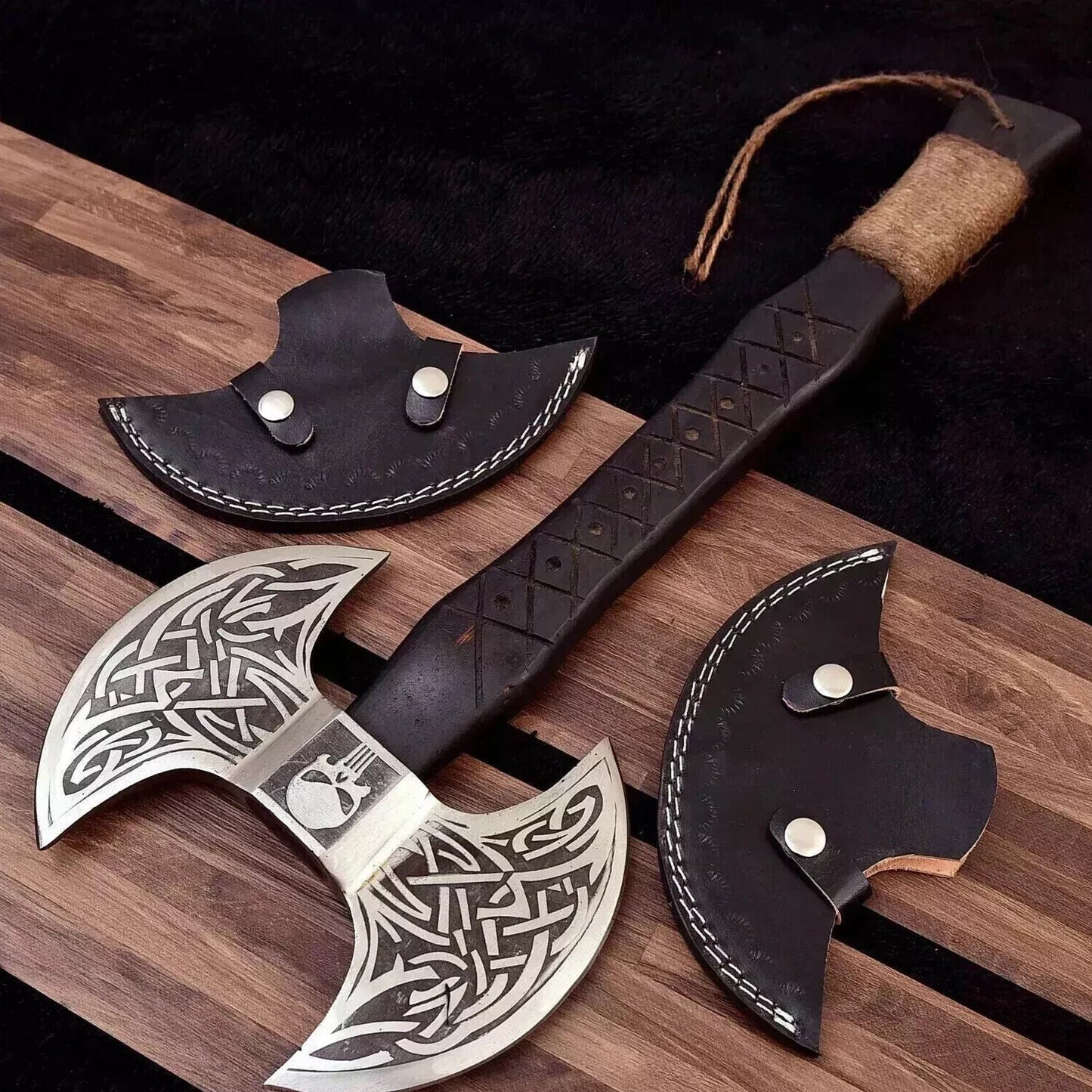 Custom Forged Replica Viking Axe Double Head Carbon Steel Camping and Bushcraft Hatchet with Leather Cover