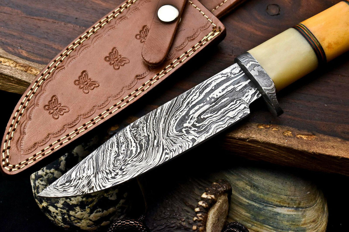 13" Handmade Damascus Bowie Knife – Camel Bone Handle