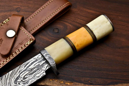 13" Handmade Damascus Bowie Knife – Camel Bone Handle