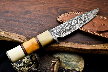 13" Handmade Damascus Bowie Knife – Camel Bone Handle