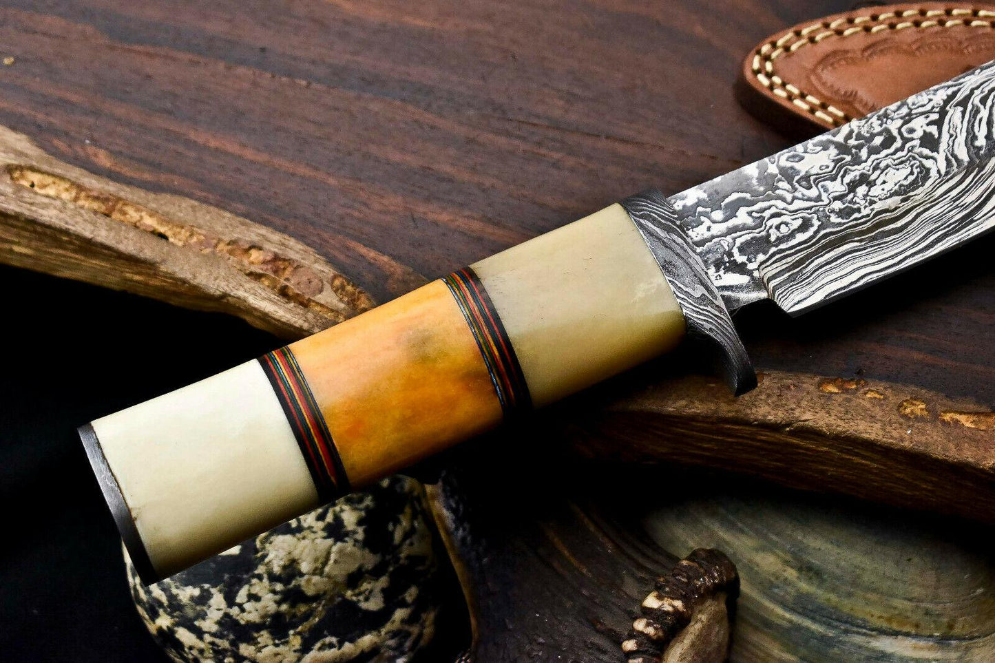 13" Handmade Damascus Bowie Knife – Camel Bone Handle