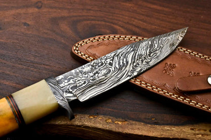 13" Handmade Damascus Bowie Knife – Camel Bone Handle