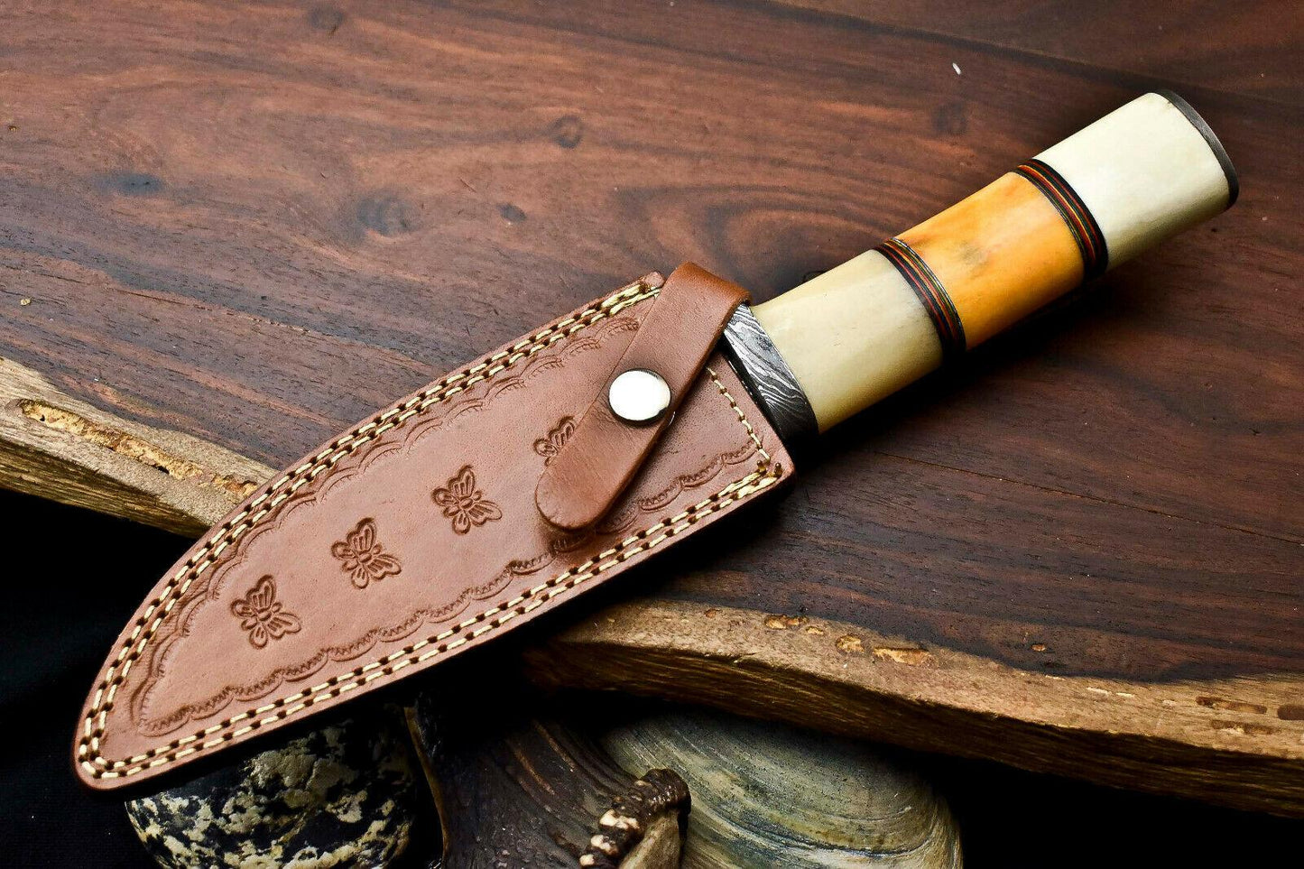 13" Handmade Damascus Bowie Knife – Camel Bone Handle