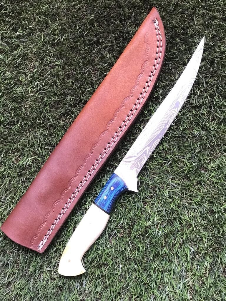 12" Custom Handmade Damascus Steel Fillet, Chef & Hunting Knife with Leather Sheath