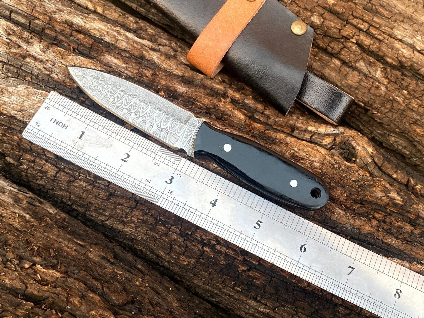Hand-Forged Damascus Steel Mini Neck Knife – Bull Horn Handle EDC Dagger with Leather Sheath