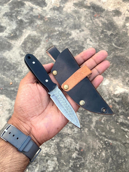 Hand-Forged Damascus Steel Mini Neck Knife – Bull Horn Handle EDC Dagger with Leather Sheath
