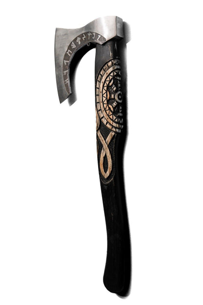 Hand Forged Etched Carbon Steel Viking Throwing Axe 19 Inch with Black Ashwood Handle and Leather Sheath