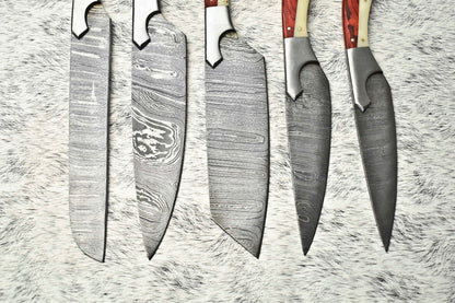 Lot of 5 Custom Handmade Hammered Damascus Steel Chef Knife Set