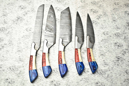 Lot of 5 Custom Handmade Hammered Damascus Steel Chef Knife Set