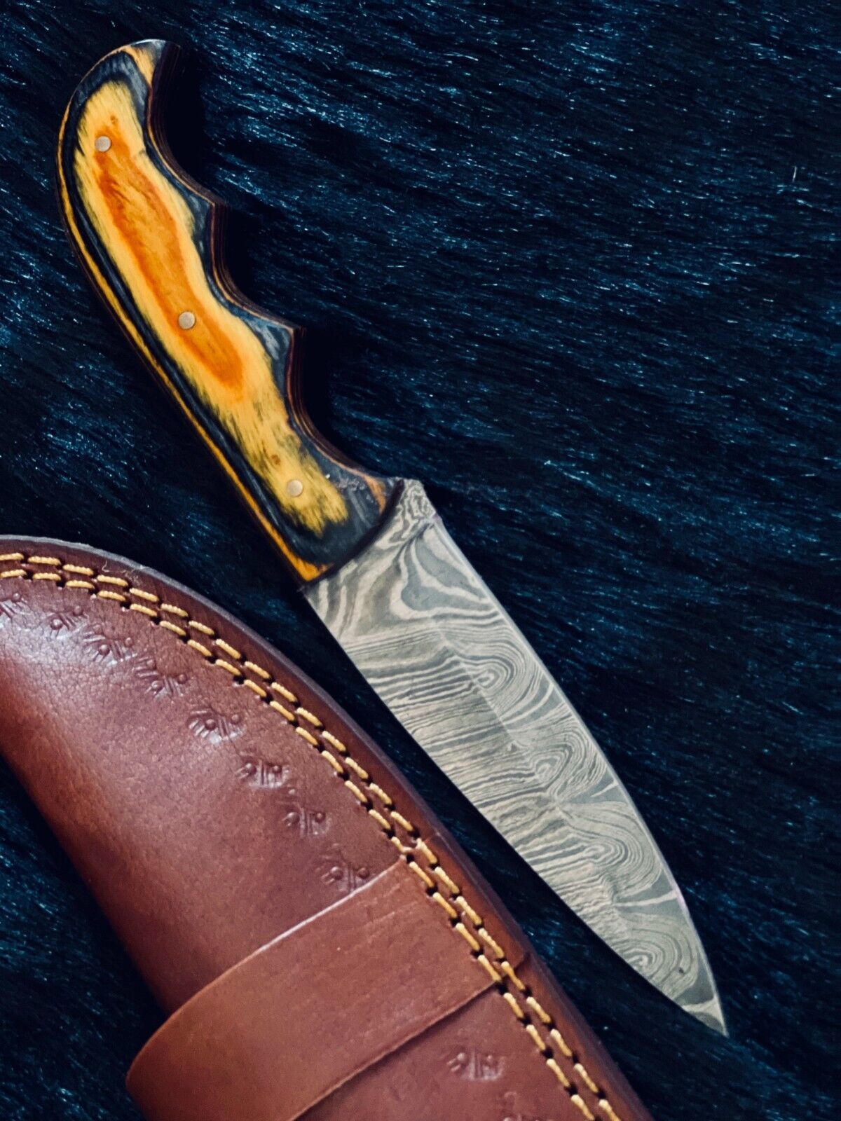 Heritage Forge 8.5 Inch Fire Damascus Skinner Knife with Wood Handle