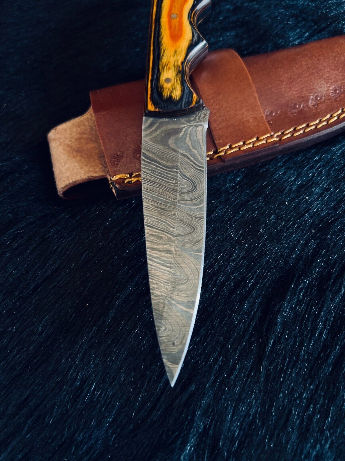 Heritage Forge 8.5 Inch Fire Damascus Skinner Knife with Wood Handle