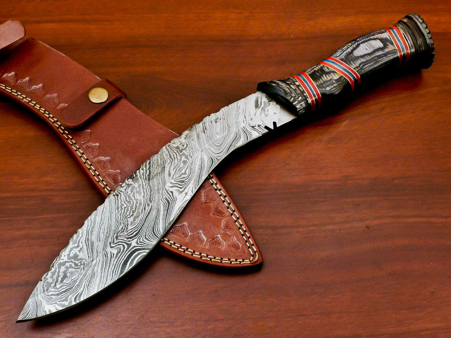 15" Handmade Damascus Khukri Bowie – Hand Carved Wood Handle & Leather Sheath