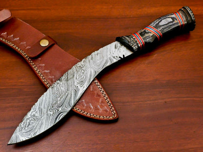 15" Handmade Damascus Khukri Bowie – Hand Carved Wood Handle & Leather Sheath