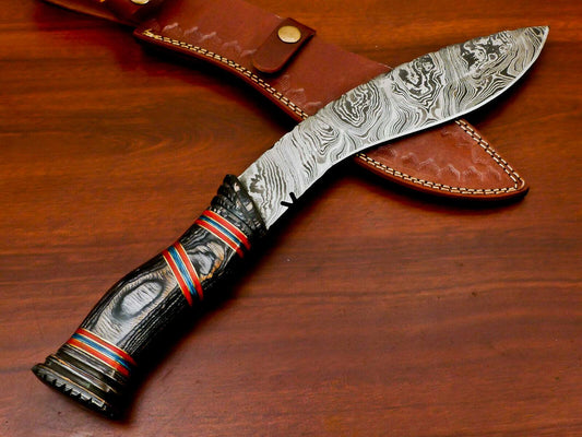15" Handmade Damascus Khukri Bowie – Hand Carved Wood Handle & Leather Sheath