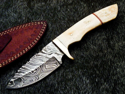 Heritage Forge 10 Inch Damascus Bowie Knife with Camel Bone Handle and Brass Bolster