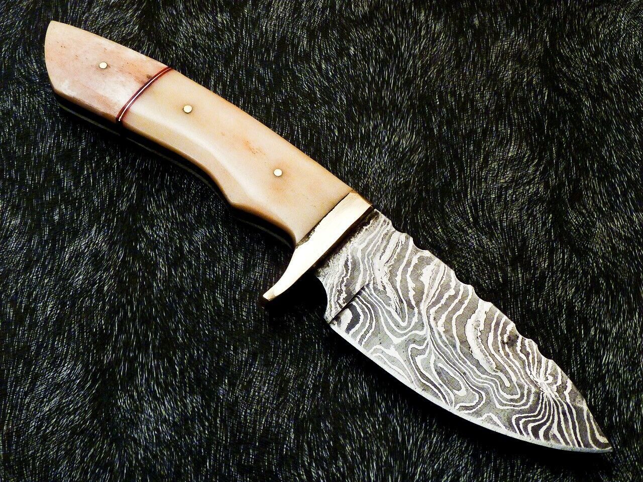 Heritage Forge 10 Inch Damascus Bowie Knife with Camel Bone Handle and Brass Bolster