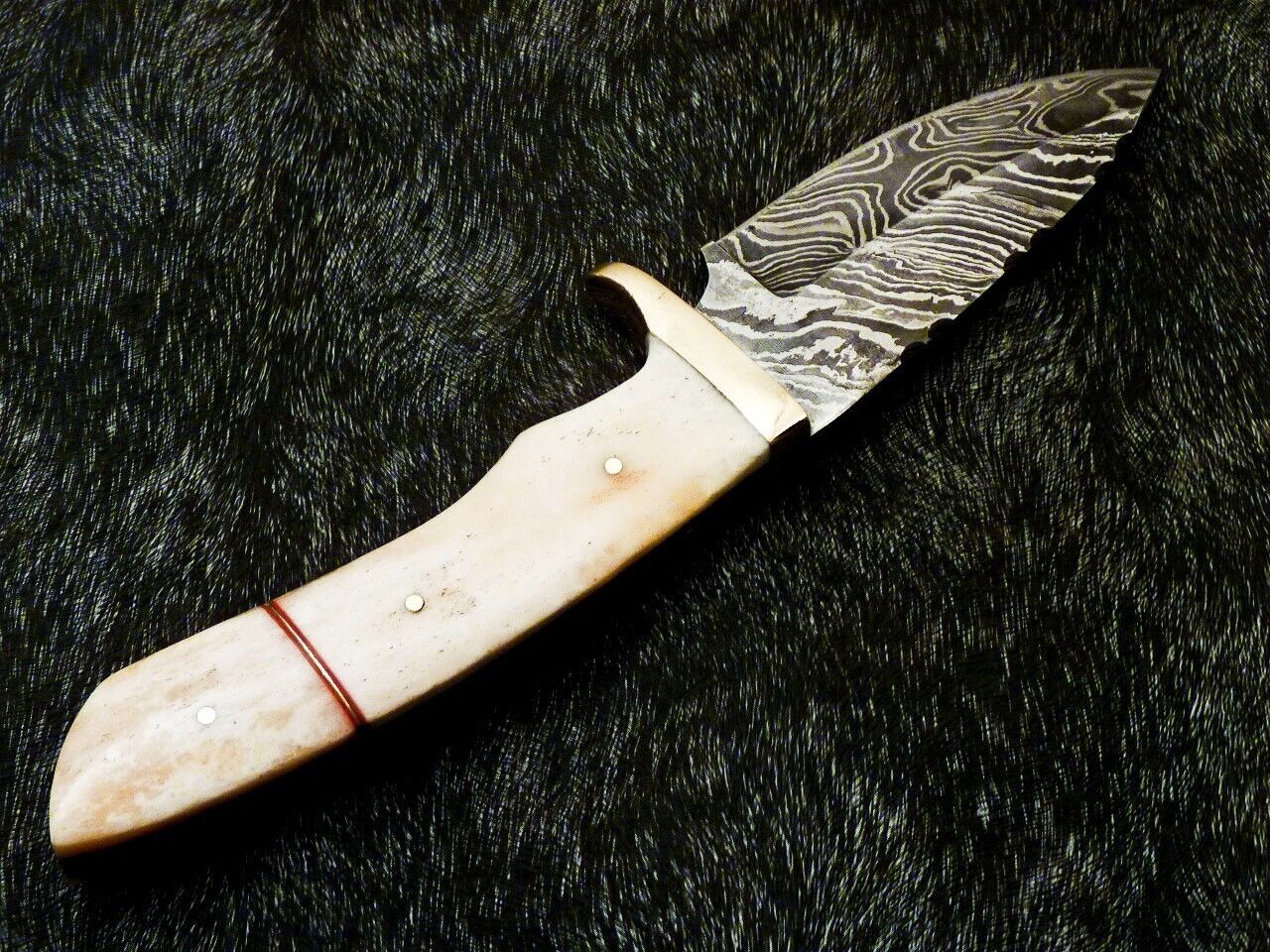 Heritage Forge 10 Inch Damascus Bowie Knife with Camel Bone Handle and Brass Bolster