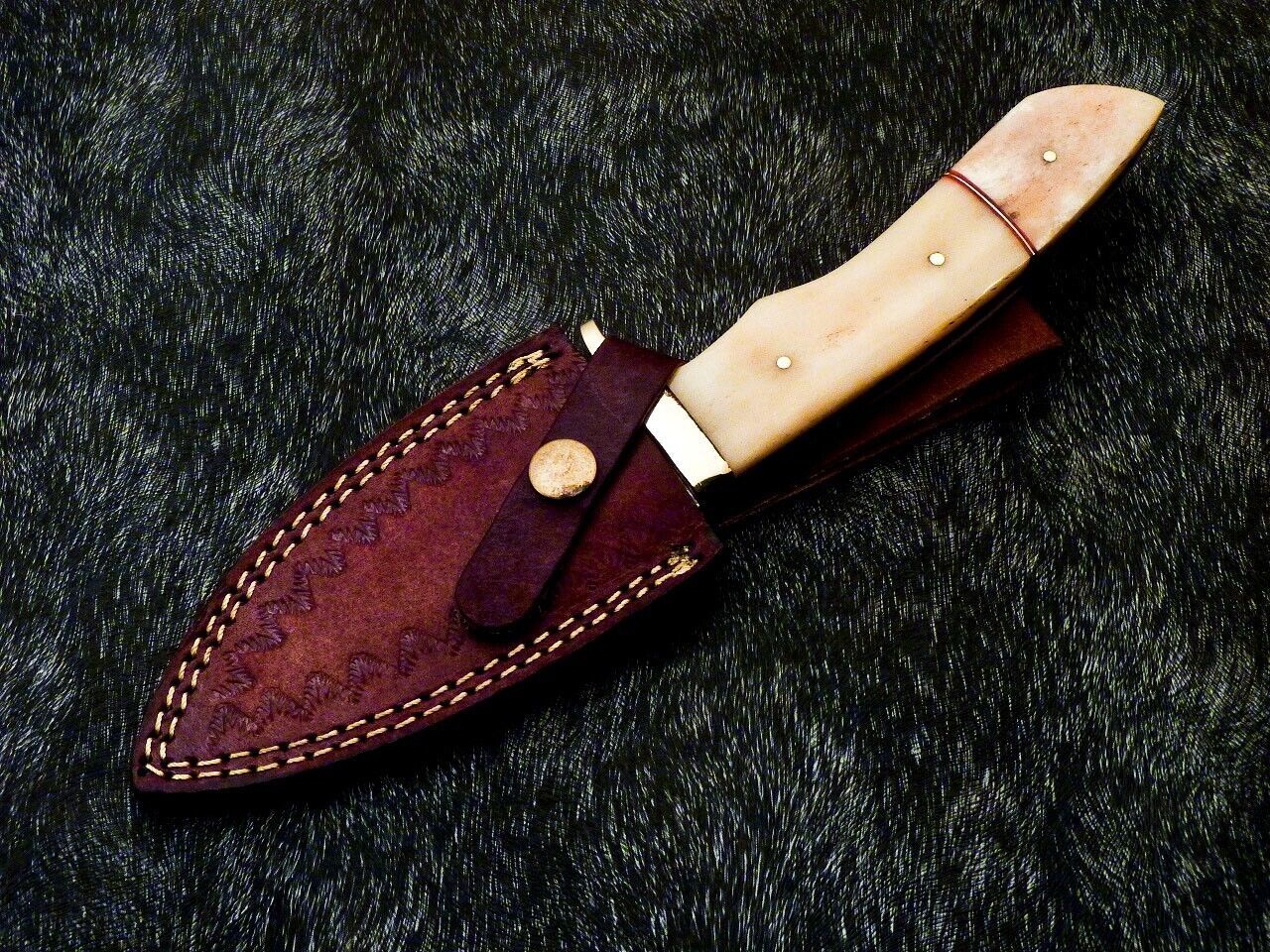 Heritage Forge 10 Inch Damascus Bowie Knife with Camel Bone Handle and Brass Bolster