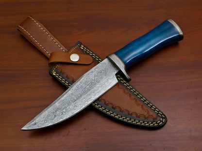 Heritage Forge Custom Damascus Bowie Knife with Stained Camel Bone Handle